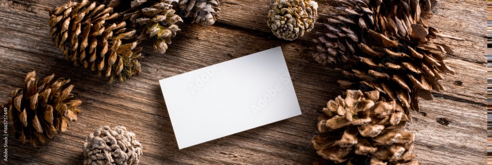 Aufkleber rustic wooden background with pine cones and a blank card ready for personalization or messages in a