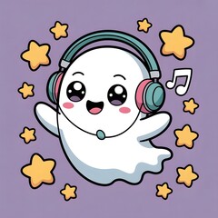 Cute kawaii ghost listening to music with headphones and stars
