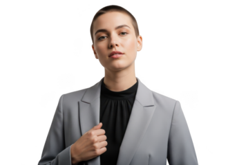 Professional woman in gray suit portrait png, businesswoman, executive, female leader, isolated on transparent background