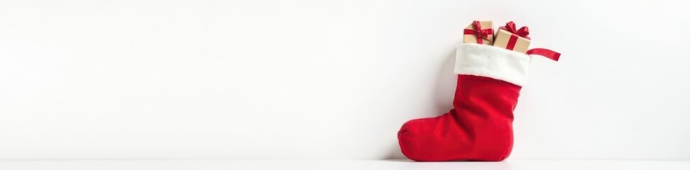 A red Christmas stocking overflowing with small gifts sits against a pure white background , celebratory, festive season, illustration