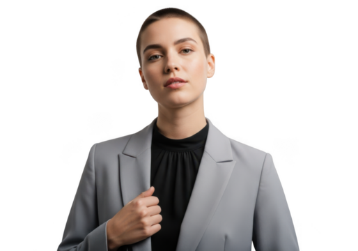 Professional woman in gray suit portrait png, businesswoman, executive, female leader, isolated on transparent background