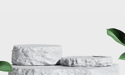 Product display on a natural stone podium with green leaf. 3D Rendering