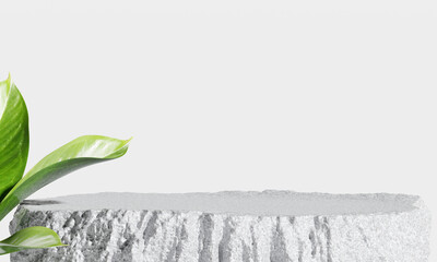 Product display on a natural stone podium with green leaf. 3D Rendering