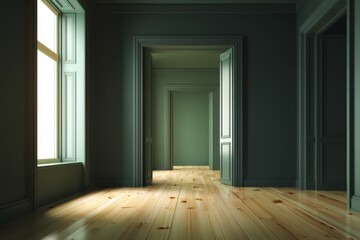 Obraz premium Empty, elegant hallway with muted sage green walls and light-wood floors, showcasing timeless interior design.