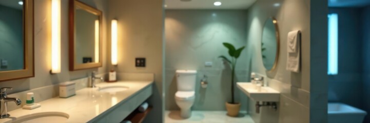 Blurry hotel bathroom, disinfected sign visible, sanitization, protection, sink