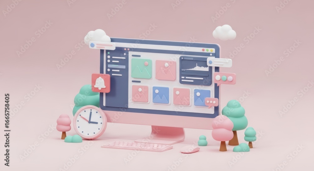 Poster cute 3d render of a computer screen with a website design and decorative elements