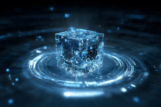 A blue cube of data, floating in the center, is surrounded by digital lines and futuristic designs, representing advanced technology