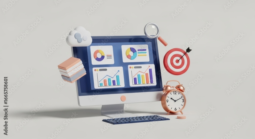 Poster computer screen displaying financial charts and graphs with business success symbols