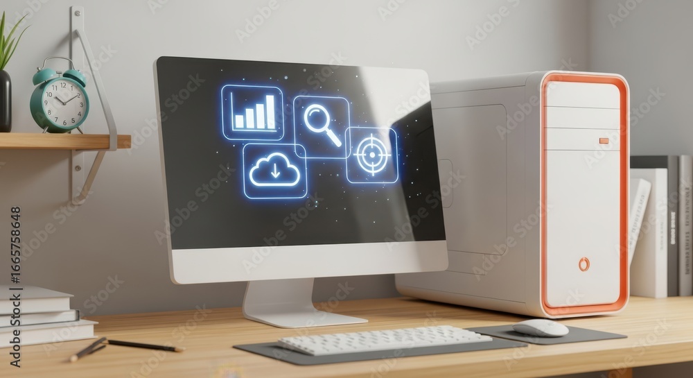 Aufkleber modern computer setup displaying cloud data analytics and security icons on screen