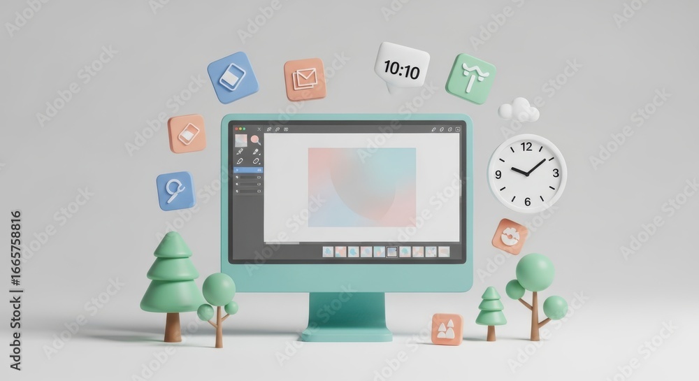 Poster digital workspace with computer and creative icons in a playful 3d style