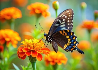 Fototapeta premium Delicate female black swallowtail butterfly perched on a bright orange marigold flower