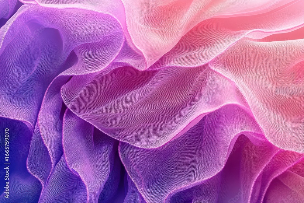 Poster a close-up view of a swirled ombre fabric with delicate folds, showcasing a beautiful spectrum of so