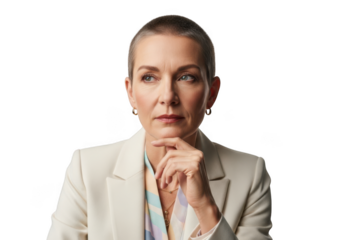 Professional woman portrait, businesswoman in white suit, corporate headshot, serious expression, thinking pose, isolated on transparent background