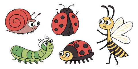 Snail, beetle, ladybug ladybird, dragonfly, ant, Butterfly, green caterpillar, spider, honey bee. Insect set. Cute cartoon kawaii baby animal character. Flat design. Isolated. White background.