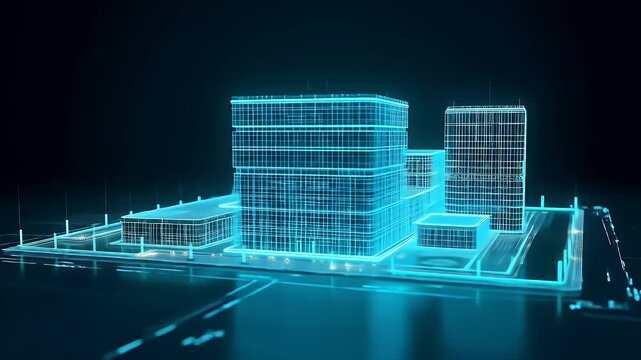 Futuristic holographic hospital glowing in wireframe form, symbolizing smart healthcare, AI diagnostics, and advanced medical technology.