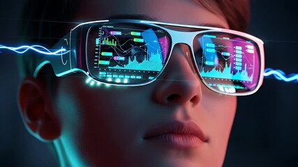 A person wearing futuristic augmented reality smart glasses displaying financial data charts and analytics. - Powered by Adobe