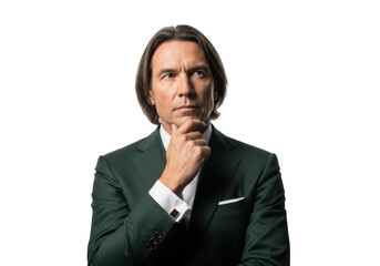 Thoughtful businessman in green suit posing with hand on chin portrait png image for design projects and presentations isolated on transparent background