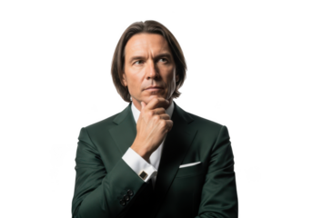 Thoughtful businessman in green suit posing with hand on chin portrait png image for design projects and presentations isolated on transparent background