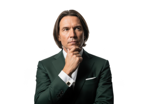 Thoughtful businessman in green suit posing with hand on chin portrait png image for design projects and presentations isolated on transparent background