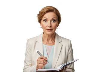 Shocked businesswoman holding pen and notebook looking surprised, mature woman in suit, isolated on transparent background