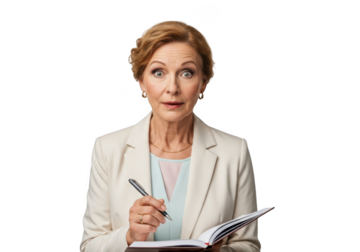 Shocked businesswoman holding pen and notebook looking surprised, mature woman in suit, isolated on transparent background