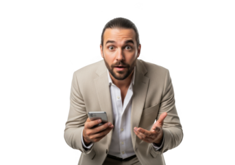 Shocked businessman holding smartphone looking at screen with confused expression, beige suit, mobile technology, isolated on transparent background