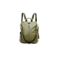 Naklejka premium Green leather backpack isolated on white background, perfect for leather product catalog design