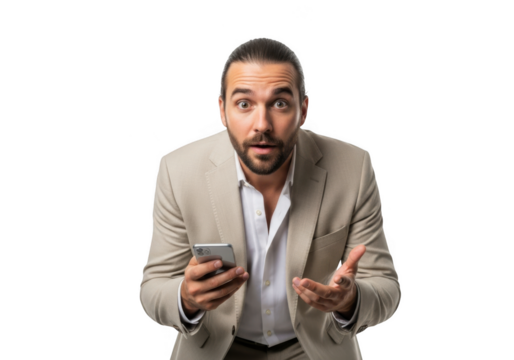 Shocked businessman holding smartphone looking at screen with confused expression, beige suit, mobile technology, isolated on transparent background