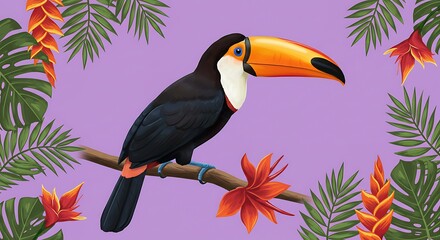 Colorful Toucan Perched on Branch with Tropical Flowers and Palm Leaves on Purple Background