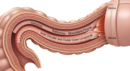 Detailed anatomical illustration showing a cross-section of the human colon, detailing the various layers of the large intestine wall