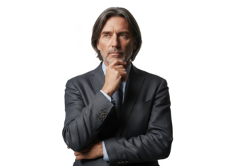 Pensive businessman in suit thinking portrait png, professional executive contemplating isolated on transparent background