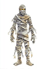 Fototapeta premium Spooky Watercolor Mummy with Glowing Eyes - Halloween Illustration on White Background
