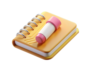 3d rendered yellow notebook with pink and white glue stick isolated on transparent background