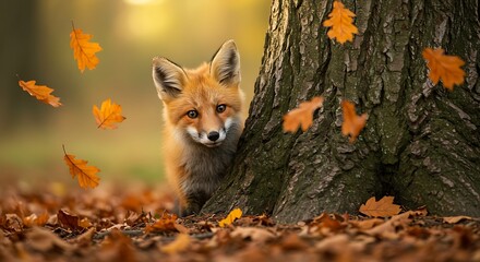 Fototapeta premium Curious Red Fox Peeking from Behind a Tree Trunk Amidst Falling Autumn Leaves