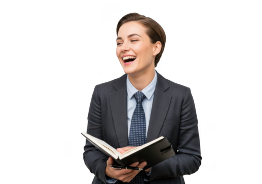 Smiling businesswoman in suit holding notebook, laughing, corporate professional, isolated portrait, png isolated on transparent background