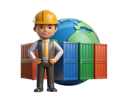 Cartoon construction worker with shipping containers and globe isolated on transparent background
