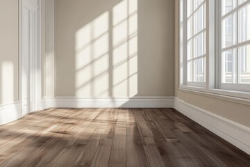 A sun-drenched corner room with rich hardwood flooring and pristine white trim.