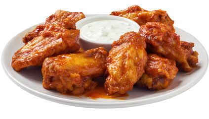  a plate of chicken wings with buffalo sauce and ranch dressing, isolated on a Transparent background PNG