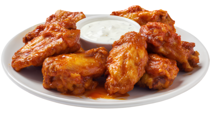  a plate of chicken wings with buffalo sauce and ranch dressing, isolated on a Transparent background PNG