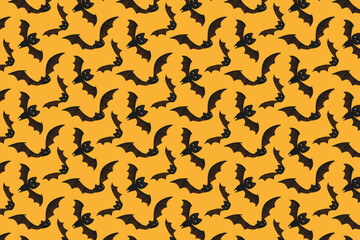 Halloween-themed vector illustration featuring a repeating pattern of black bats on an orange background. Ideal for festive designs, parties, and spooky decorations.