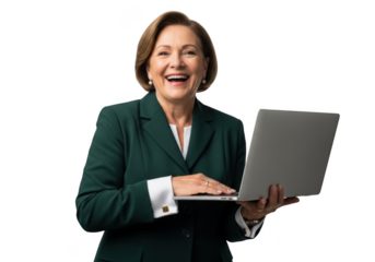 Smiling businesswoman with laptop, happy mature professional woman in green suit working on computer, isolated on transparent background