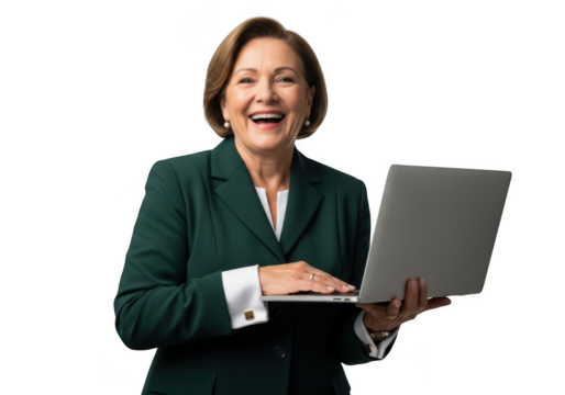 Smiling businesswoman with laptop, happy mature professional woman in green suit working on computer, isolated on transparent background
