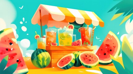 Naklejka premium Watermelon and lemonade stand drawing, kids summer business concept
