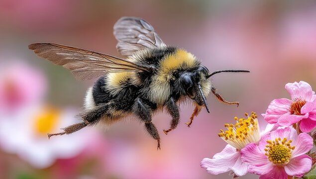 A fuzzy bumblebee in flight, near a pink flower - Powered by Adobe