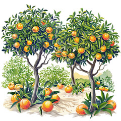 Lush citrus grove with varieties such as orange and lemon trees, bringing a Mediterranean feel to garden landscapes, isolated on transparent background