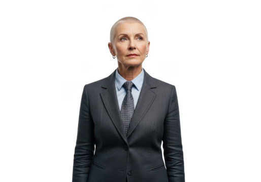 Mature businesswoman in suit looking upward stock photo, professional female executive image, senior leader portrait, isolated on transparent background - Powered by Adobe