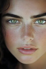 Fototapeta premium Close-up Portrait of a Young Woman with Freckles and Green Eyes