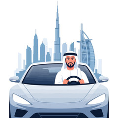 Fototapeta premium Arab man in traditional ghutra and thobe driving a modern silver sports car.