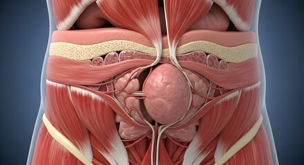 Medical 3D render of an abdominal wall hernia, illustrating the organ's protrusion through muscle, providing a precise anatomical view of this common human health condition
