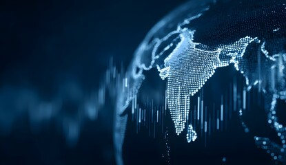 A digital globe with global stock market charts and a portrait of India on it, blurred background,